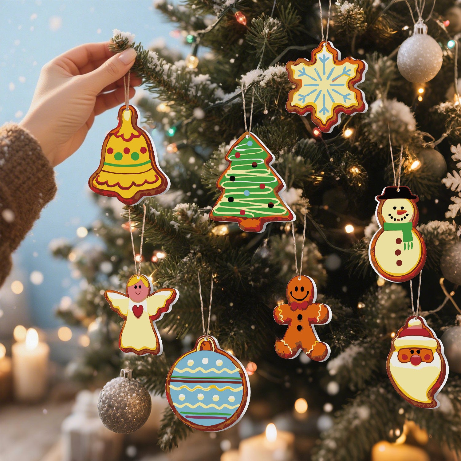 Hand decorating a Christmas tree with colorful cookie-shaped ornaments.