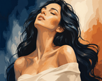 A dark-haired woman with closed eyes and white fabric draped below her bare shoulders.