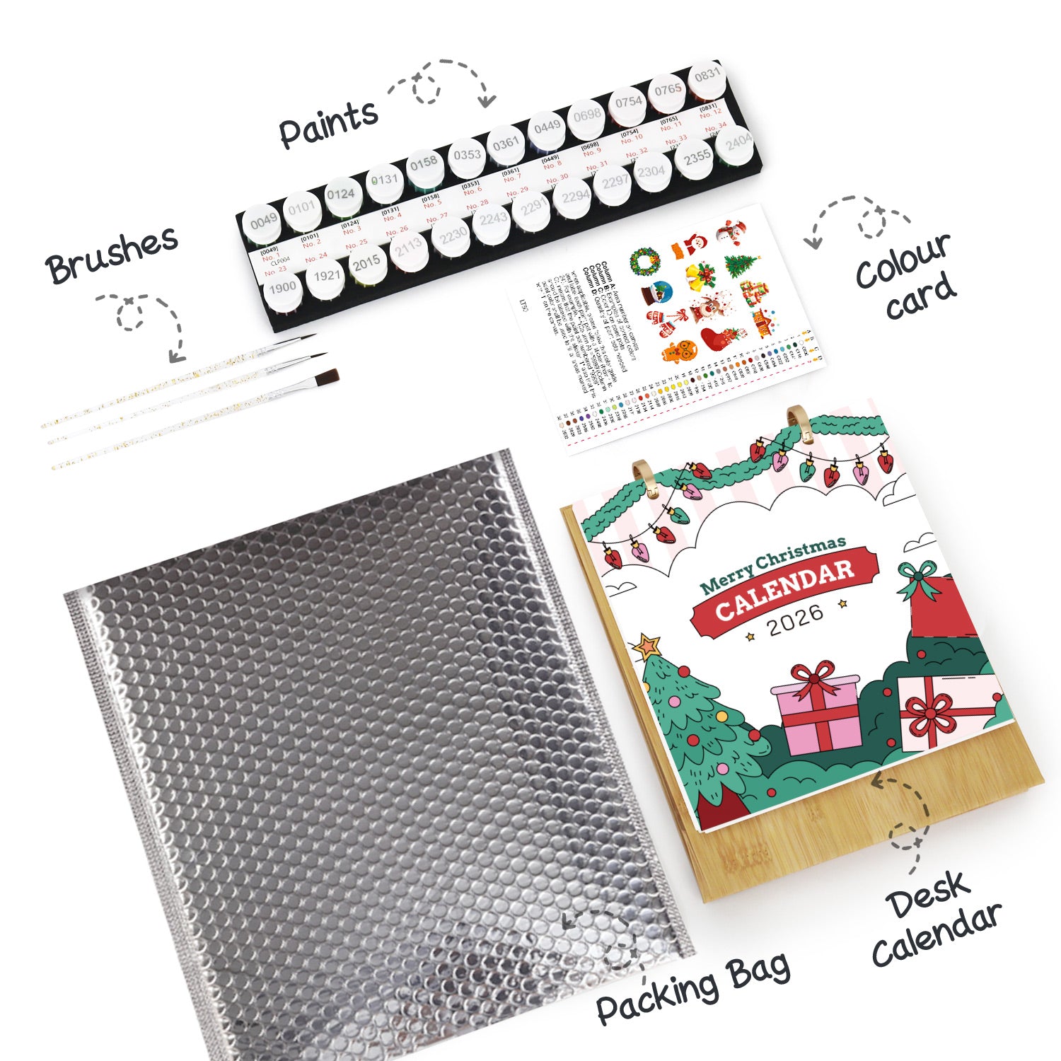 Crafting kit with paints, brushes, color card, Christmas-themed calendar, and packing bag on a white background.