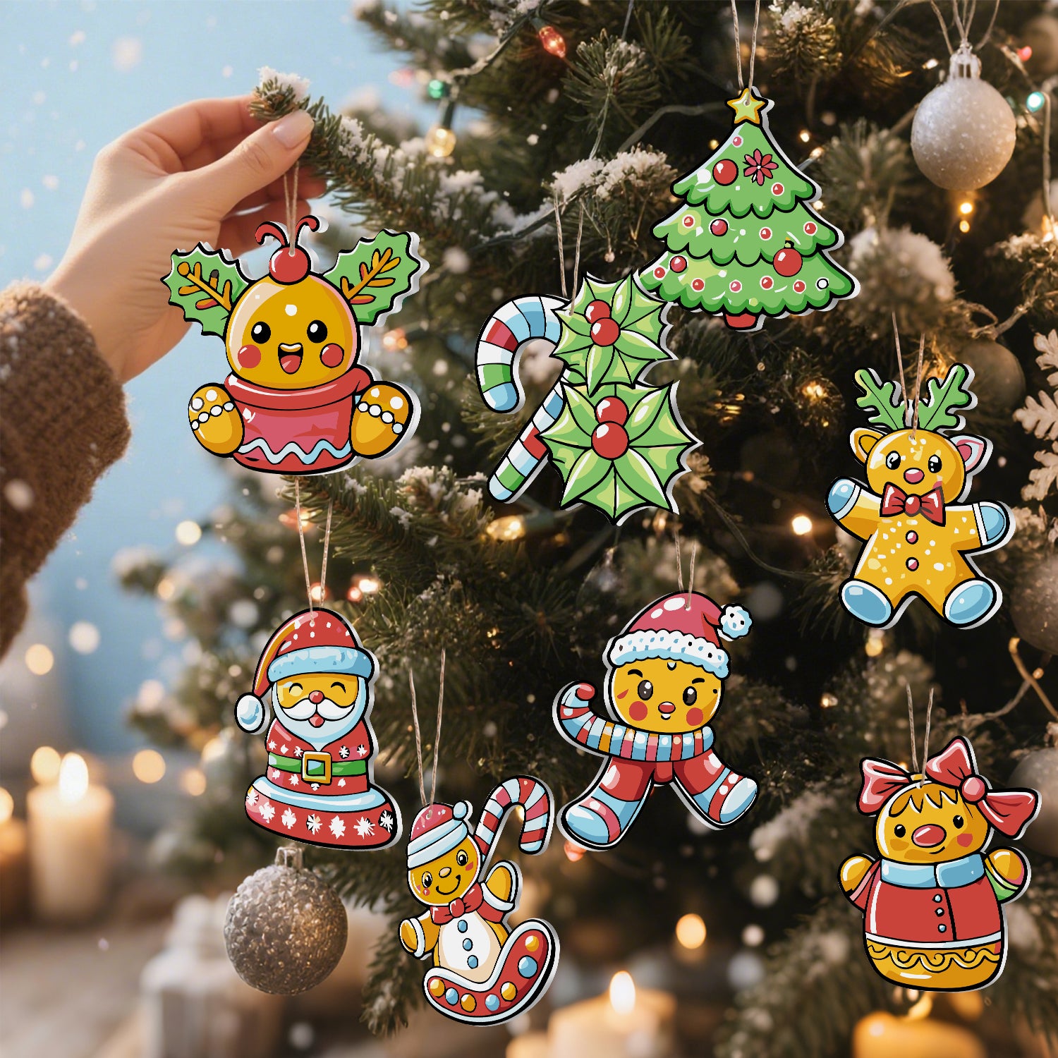 Bunte Christbaumschmuckstücke hängen an einem geschmückten Baum mit Lichtern und Kerzen.