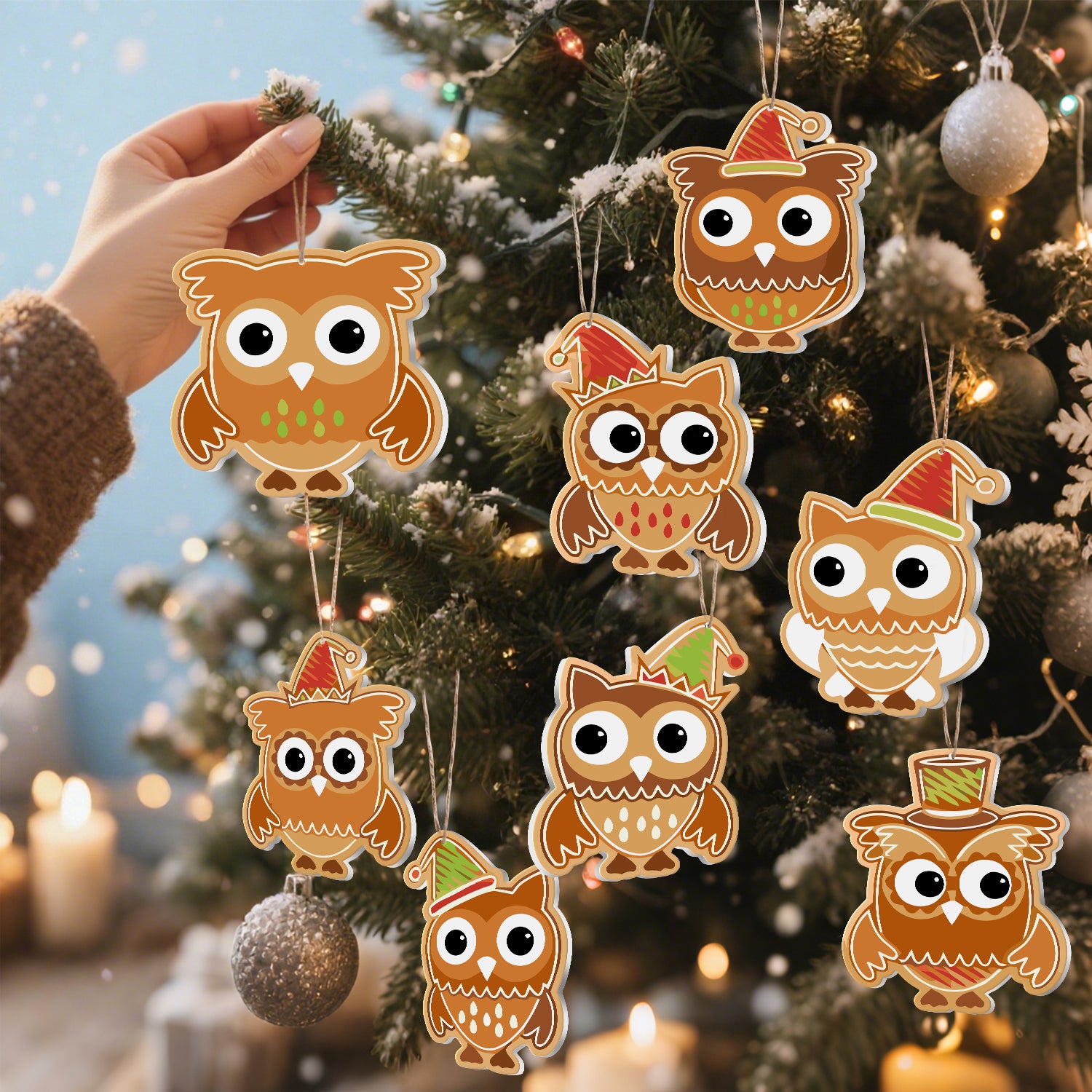 Decorative owl ornaments on a Christmas tree with a blurred background of lights and candles.