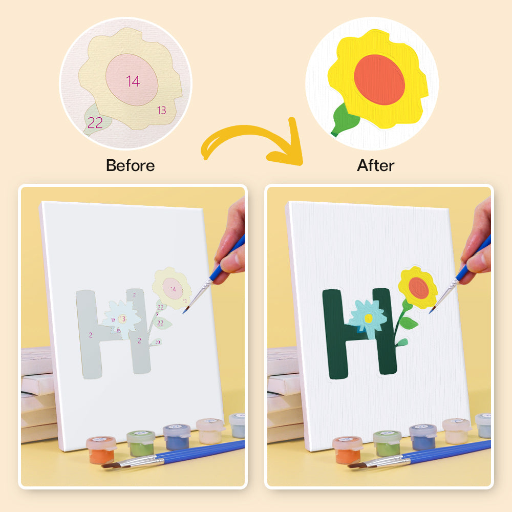 Before and after comparison of painting a flower and letter 'H' on a canvas.