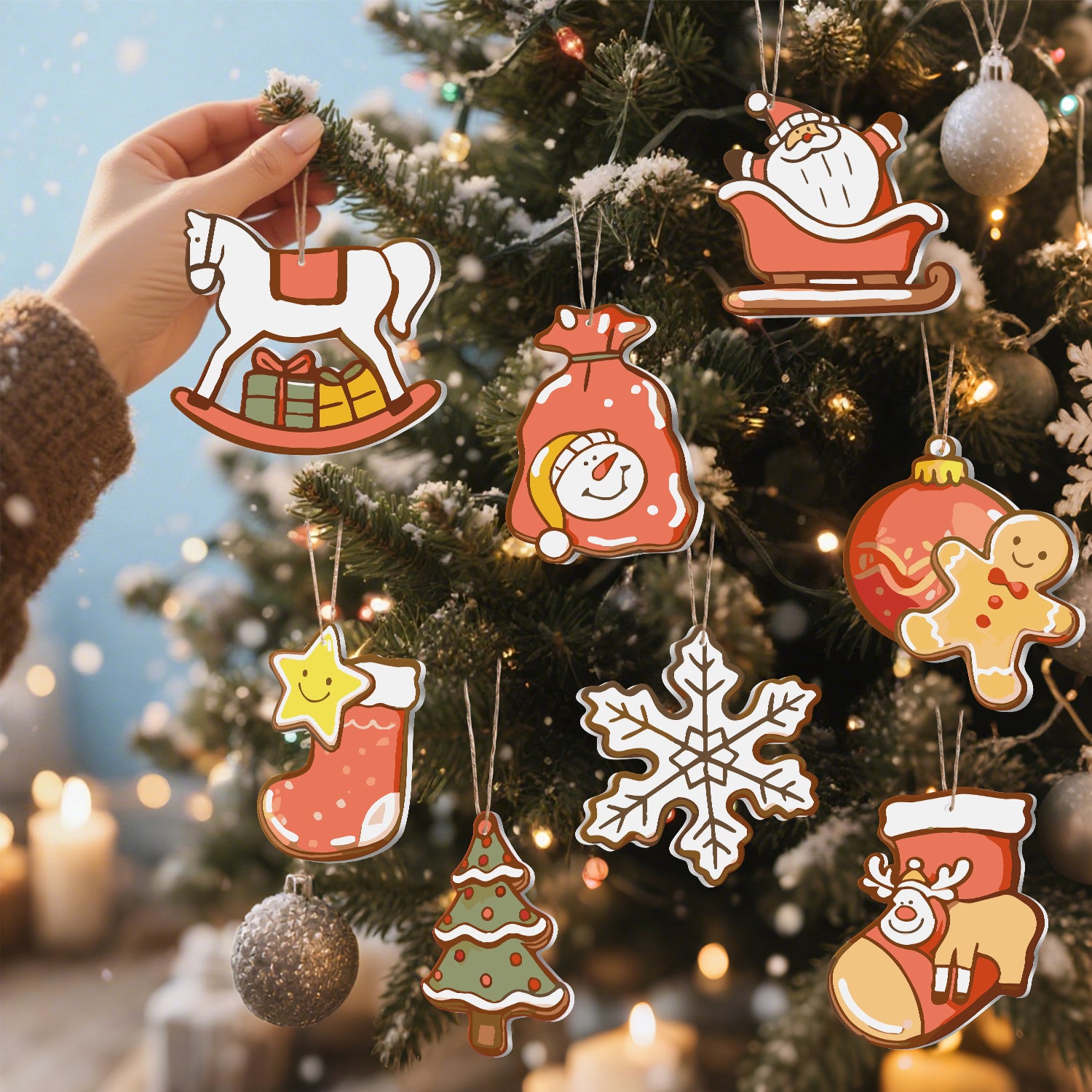 Ornements décoratifs de Noël sur un arbre avec un arrière-plan flou