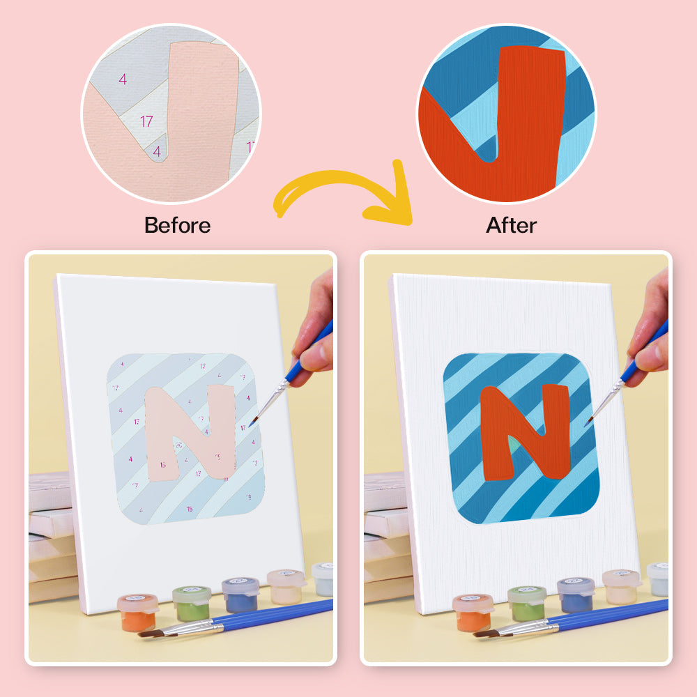 Before and after comparison of painting a letter 'N' on a card with additional details.