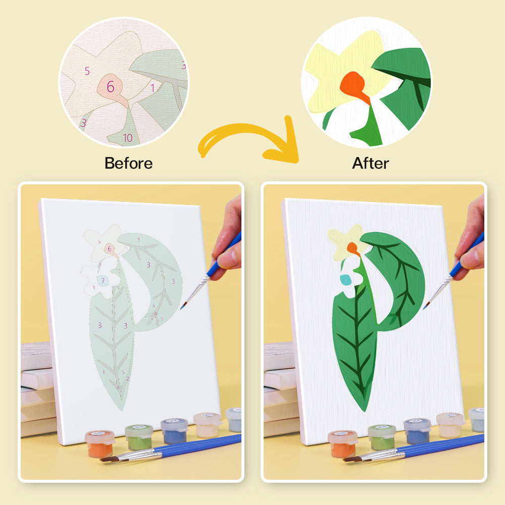 Before and after comparison of painting a floral design on paper with paint and brushes.