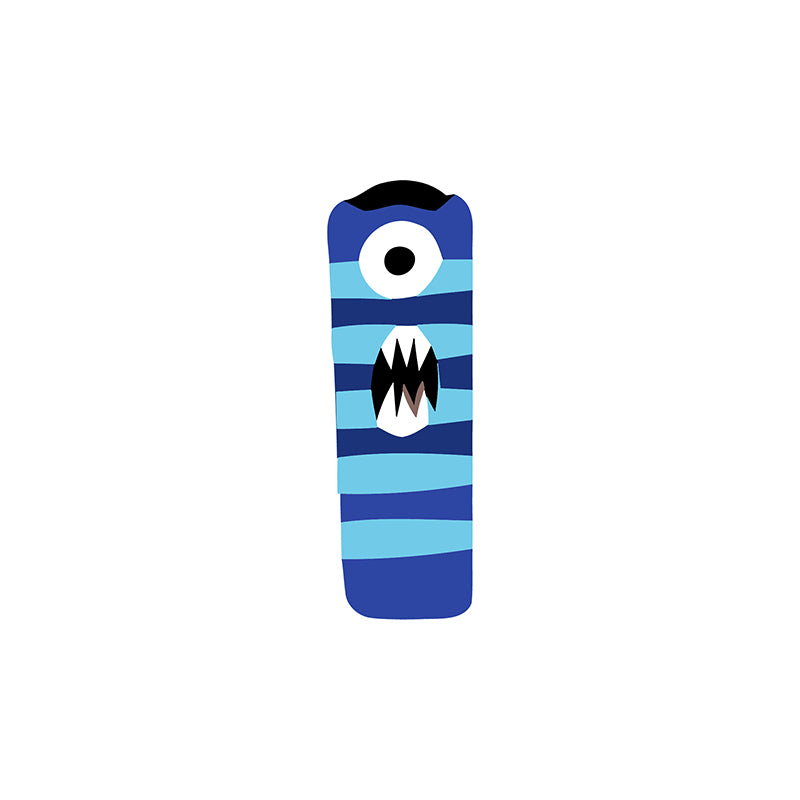 Blue and black striped sock with a single eye and mouth design on a white background