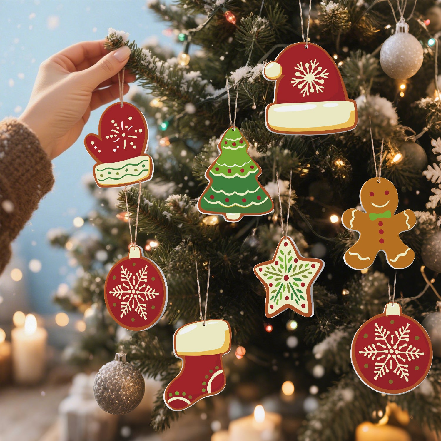 Hand decorating a Christmas tree with various festive ornaments.