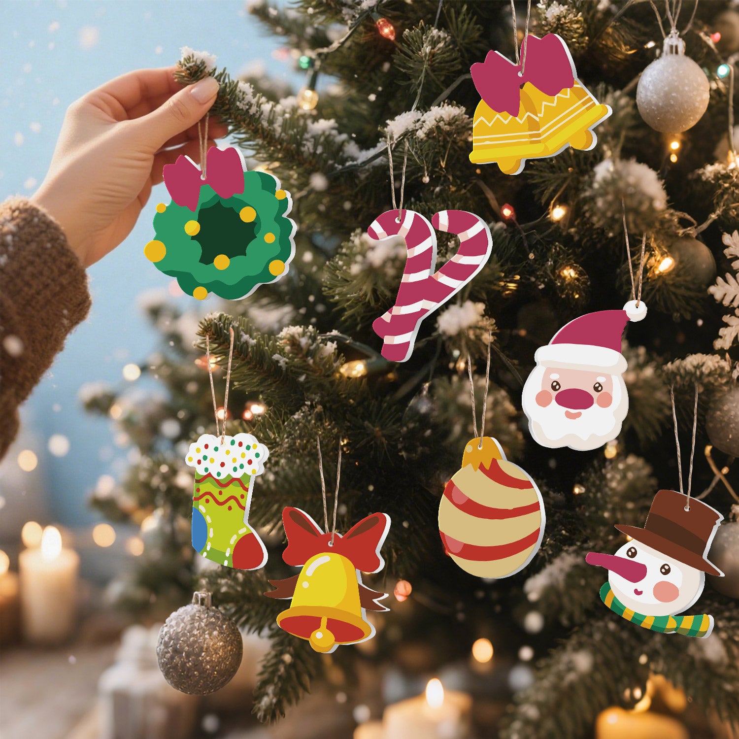 Hand selecting a colorful Christmas ornament from a decorated tree with lights and candles.