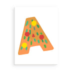 Colorful letter 'A' with pizza design on a white background