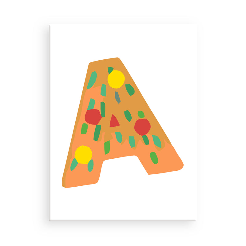 Colorful letter 'A' with pizza design on a white background