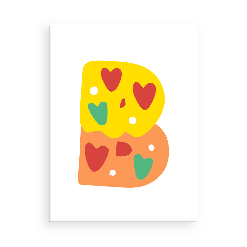 Colorful letter 'B' with hearts on a white background