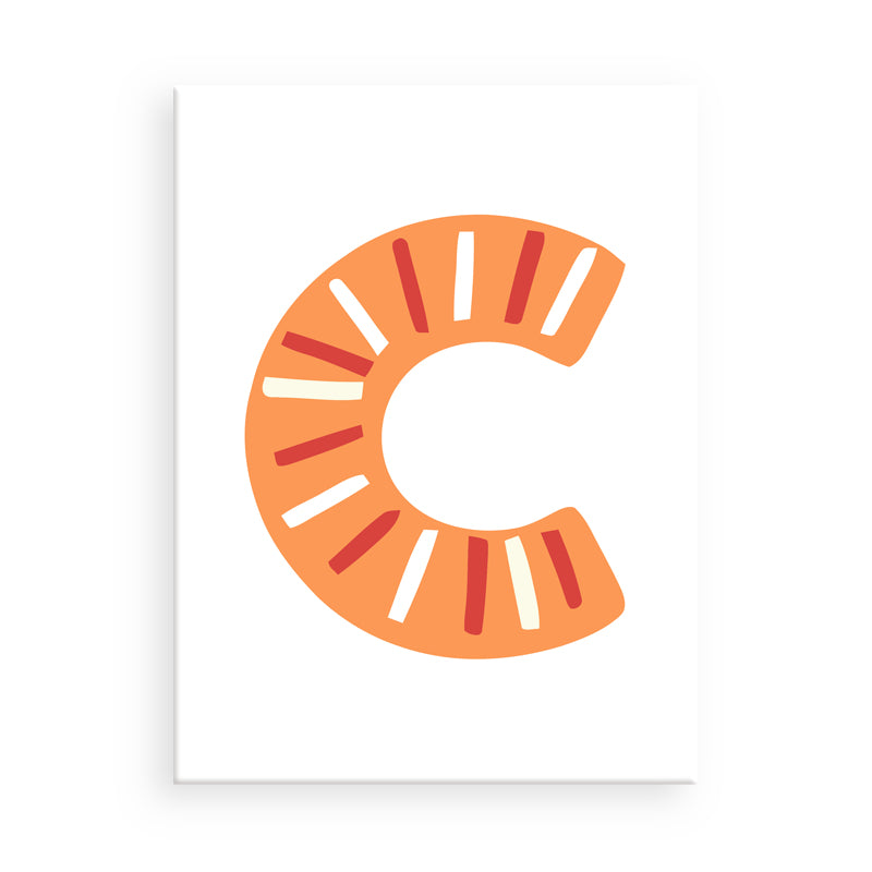 Decorative letter 'C' with orange and red design on a white background