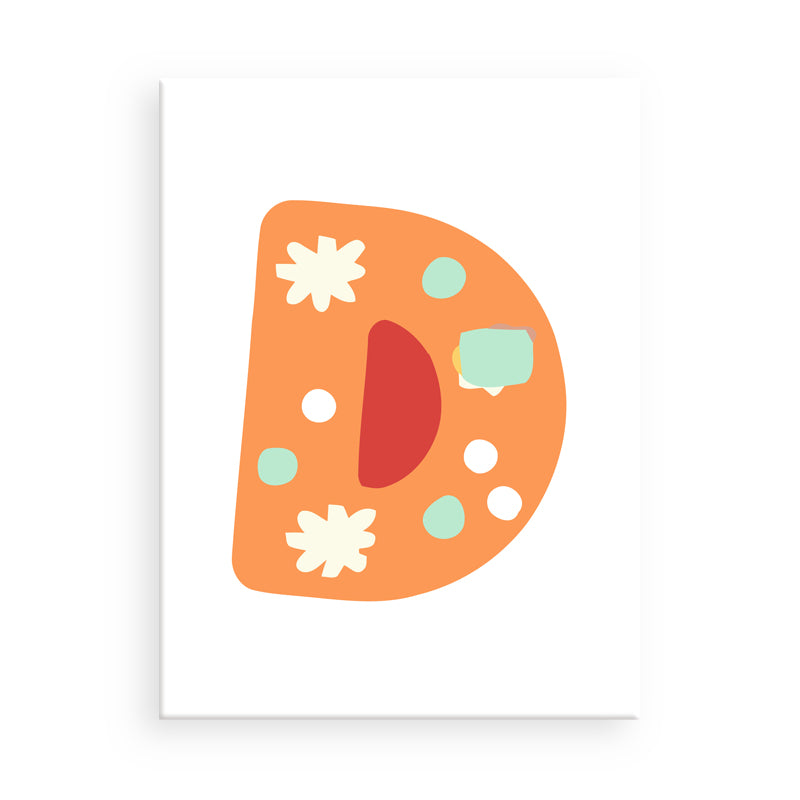 Colorful letter 'D' with floral patterns on a white background