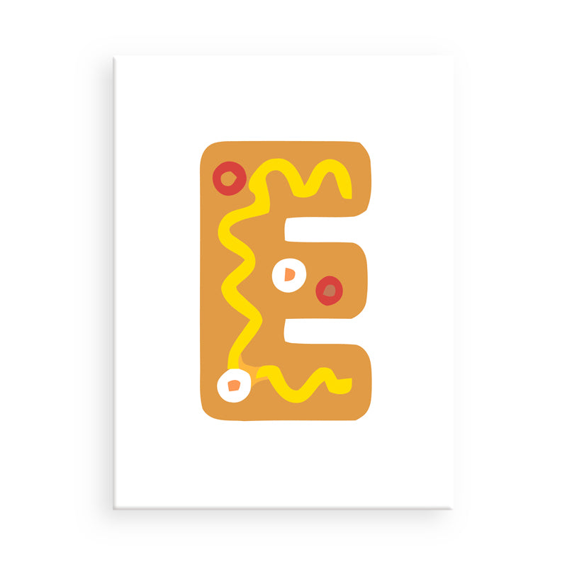 Illustration of a letter 'E' with a wavy yellow line on a white background