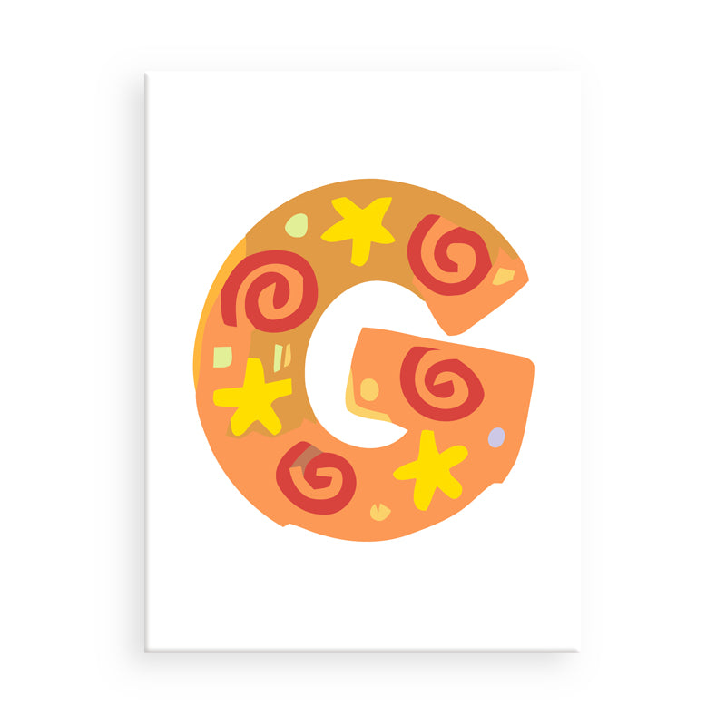 Colorful letter 'G' with patterns on a white background