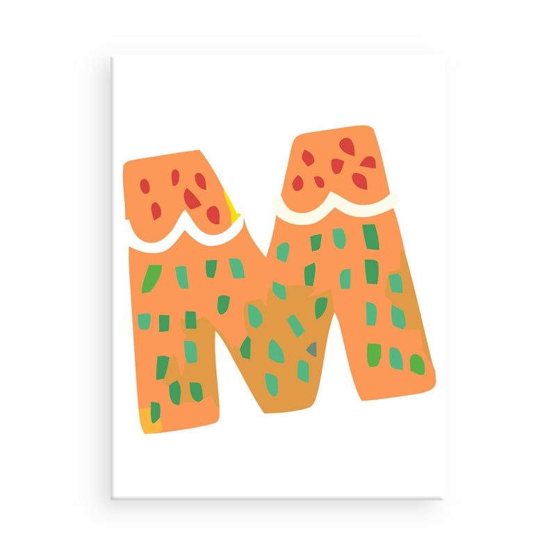 Colorful letter 'M' with a watermelon design on a white background