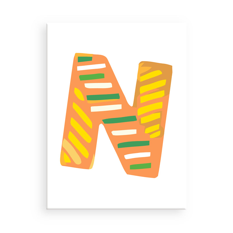 Colorful letter 'N' with orange, yellow, and green patterns on a white background