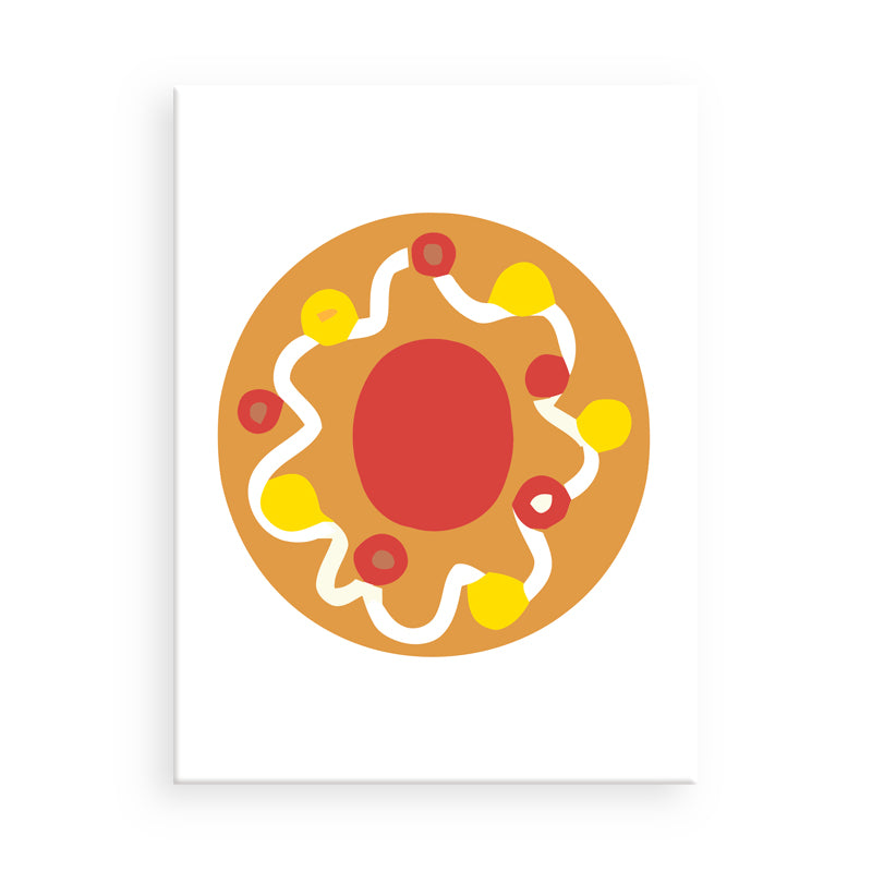 Framed artwork of a circular design with red, yellow, and brown colors on a white background