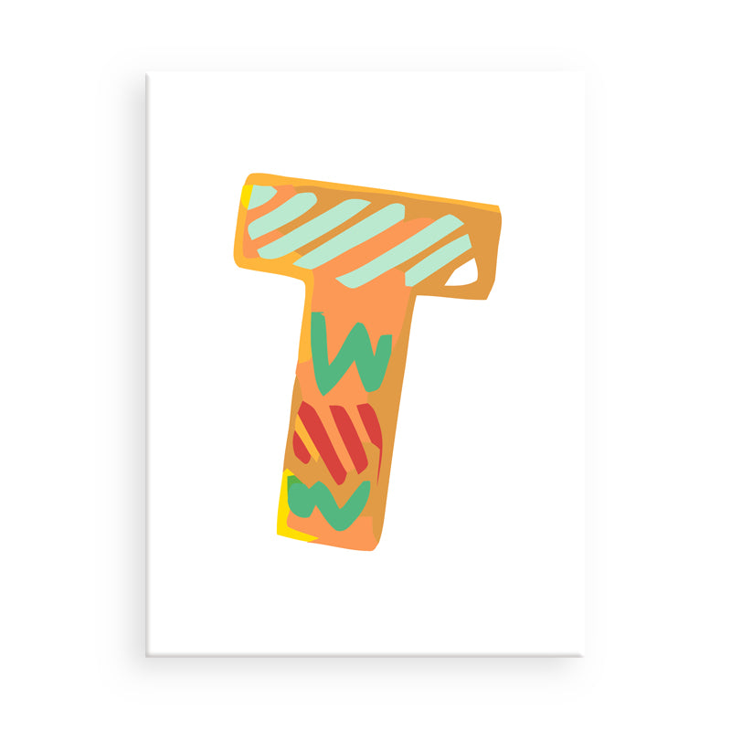 Colorful letter 'T' with abstract designs on a white background