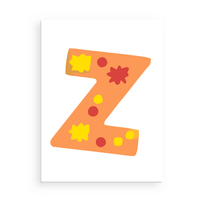 Colorful letter 'Z' with sun and flower designs on a white background