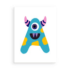 Colorful cartoon monster with blue body, yellow spots, and pink horns on a white background
