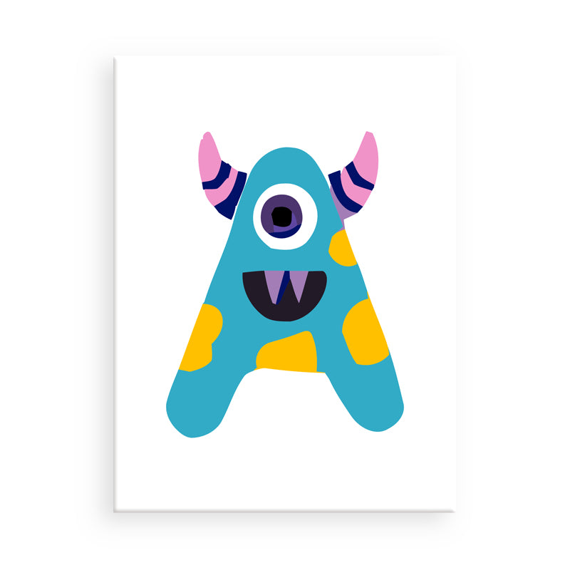 Colorful cartoon monster with blue body, yellow spots, and pink horns on a white background