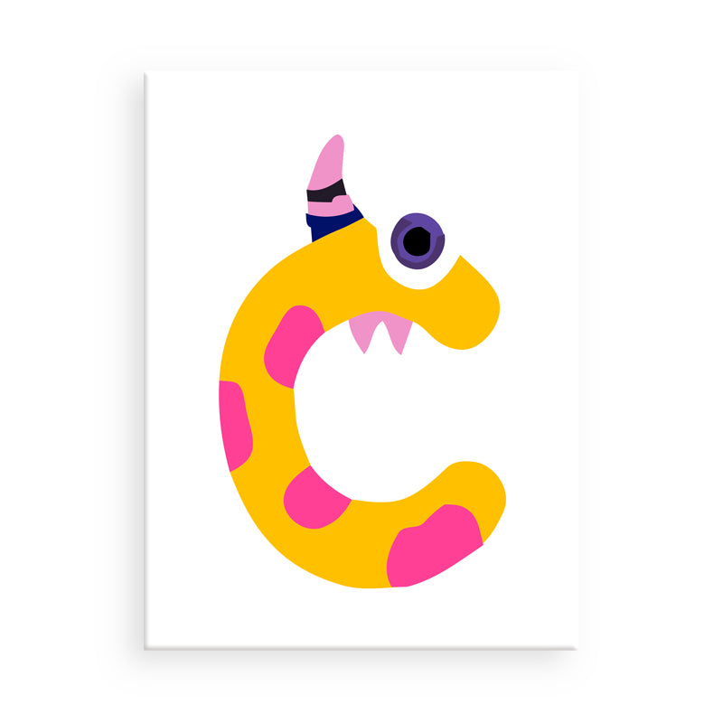 Colorful letter 'C' with a monster design on a white background