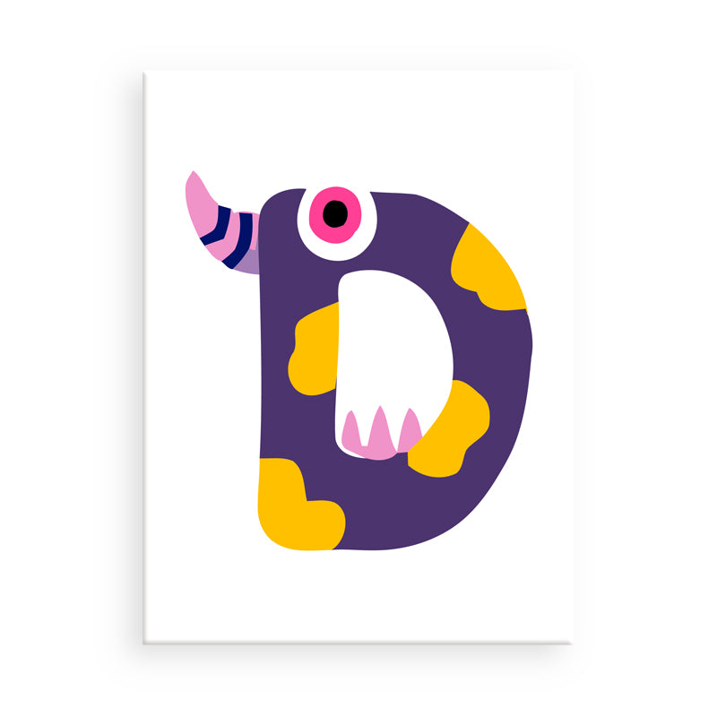 Colorful letter 'D' with a monster design on a white background
