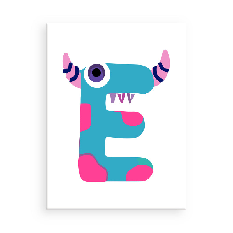 Colorful letter 'E' with a monster design on a white background