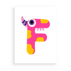 Colorful letter 'F' shaped like a pink dinosaur with yellow accents on a white background