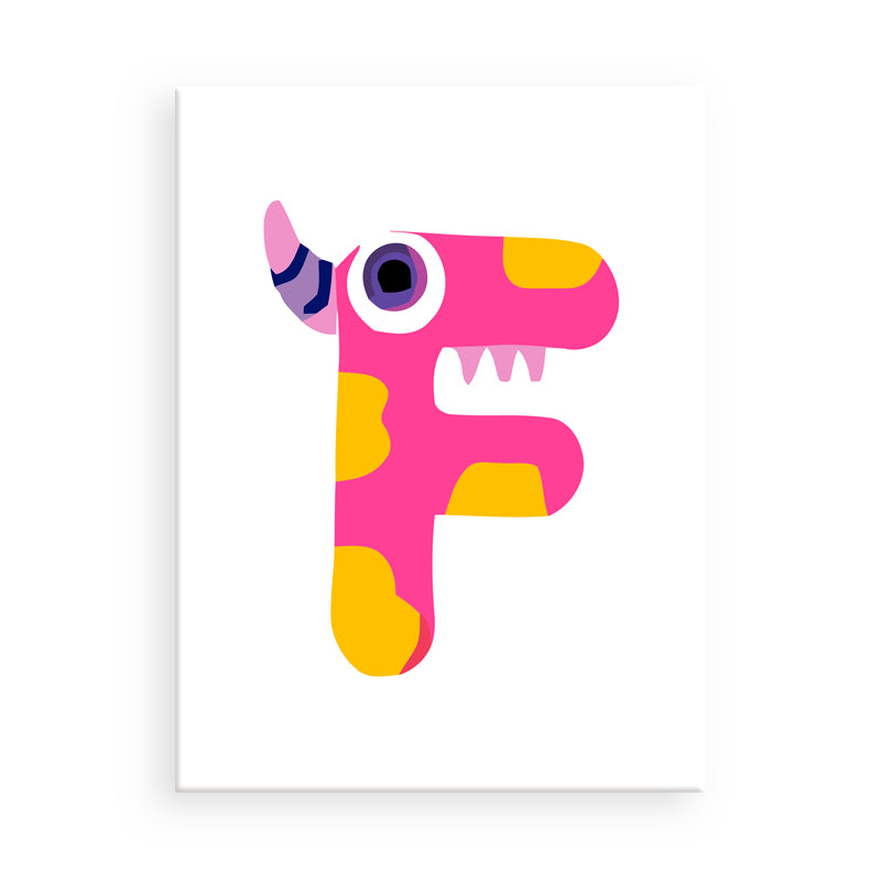 Colorful letter 'F' shaped like a pink dinosaur with yellow accents on a white background