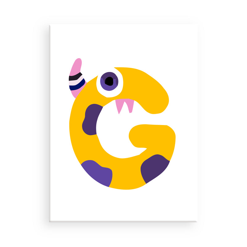 Colorful letter 'G' with a monster design on a white background