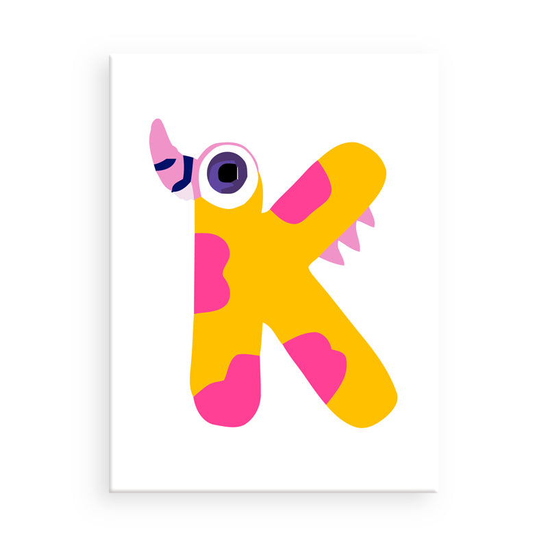 Colorful letter 'K' with a monster design on a white background