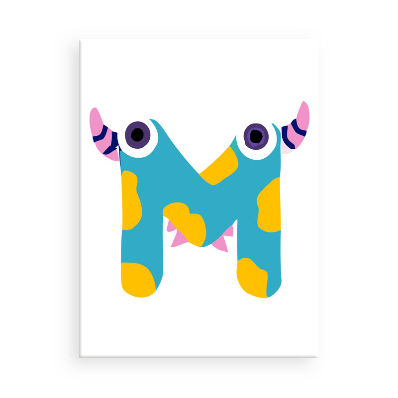 Colorful letter 'M' with monster design on a white background