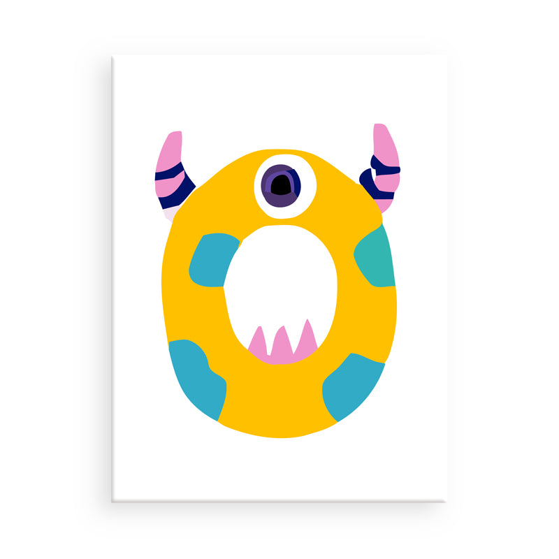 Colorful cartoon monster with a yellow face, blue arms and legs, and pink horns on a white background.