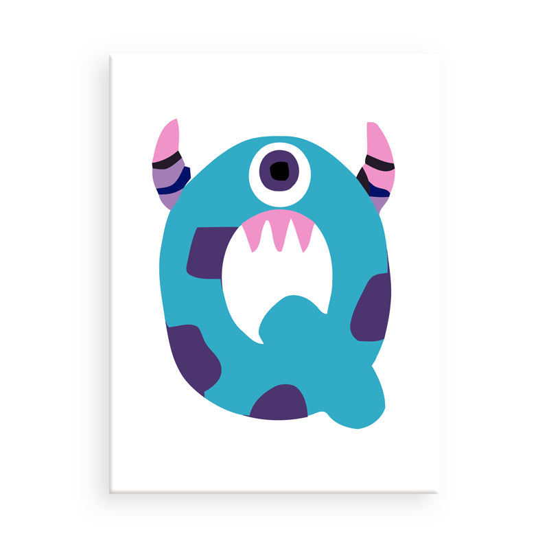 Cartoon letter 'Q' with a monster design on a white background