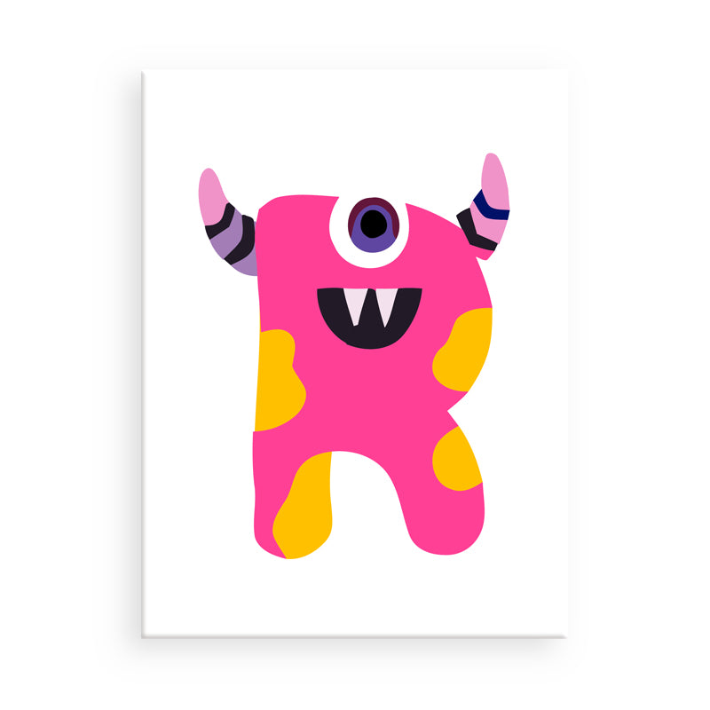 Colorful cartoon monster with a pink body, yellow legs, and purple accents on a white background