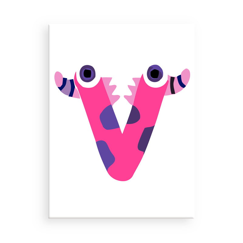 Pink letter 'V' with purple accents on a white background