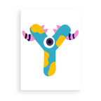 Colorful abstract creature with a blue body, yellow arms, and pink spikes on a white background