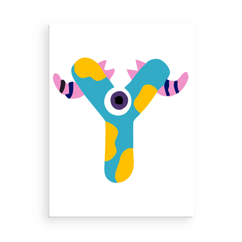 Colorful abstract creature with a blue body, yellow arms, and pink spikes on a white background