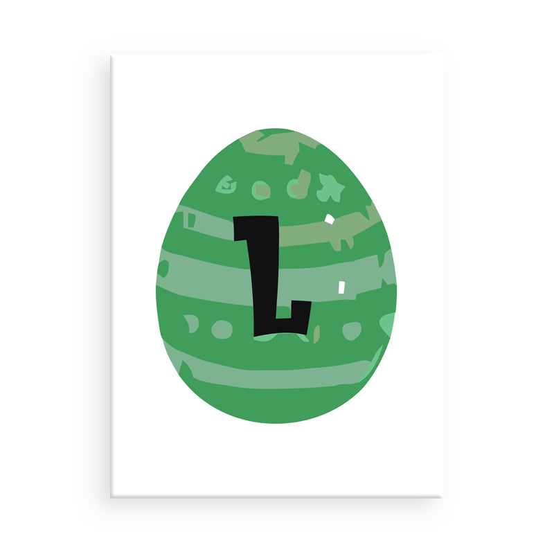 Green egg-shaped object with a black letter 'L' on a white background