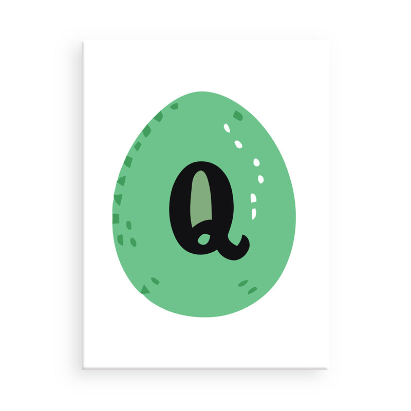 Grünes eiförmiges Objekt mit dem Buchstaben „q“ auf weißem Hintergrund