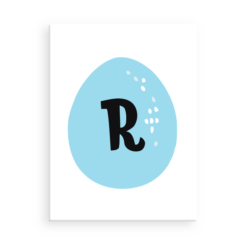 Blaues eiförmiges Poster mit dem Buchstaben „R“ auf weißem Hintergrund