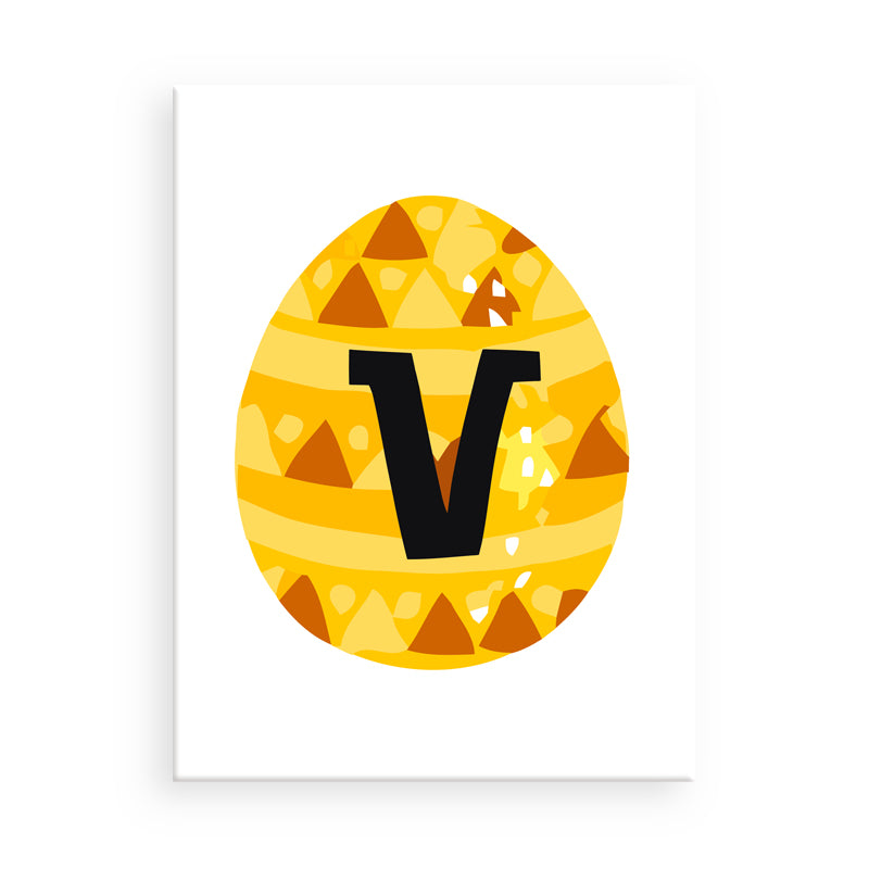 Yellow egg-shaped object with a black letter 'V' on a white background
