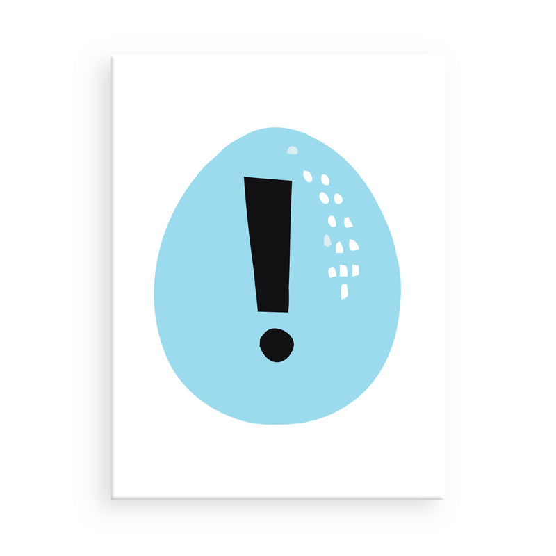 Framed artwork with a blue circle and black exclamation mark on a white background