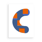 Abstract design with blue and orange shapes on a white background