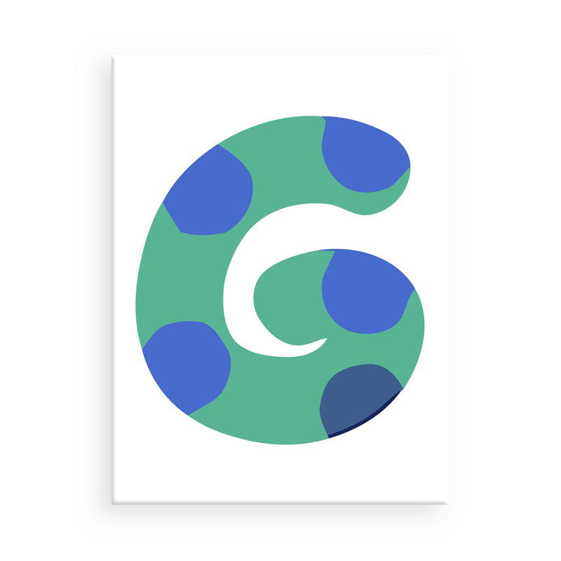 Circular logo with blue and green polka dots on a white background