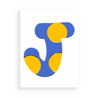 Abstract design with blue and yellow shapes on a white background