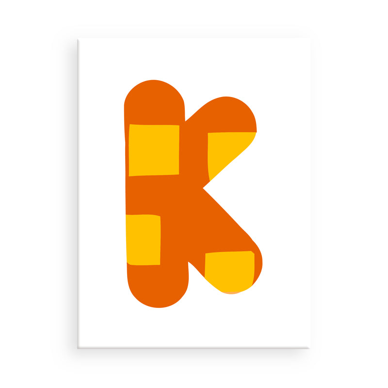 Letter 'K' with a geometric design in orange and yellow on a white background
