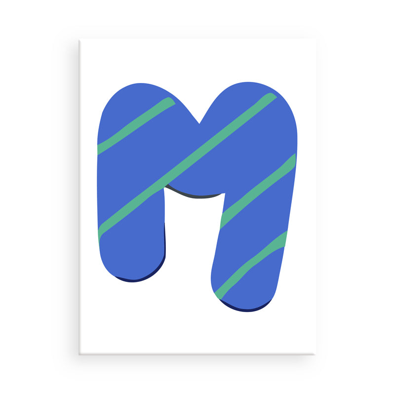 Blue letter 'M' with green stripes on a white background